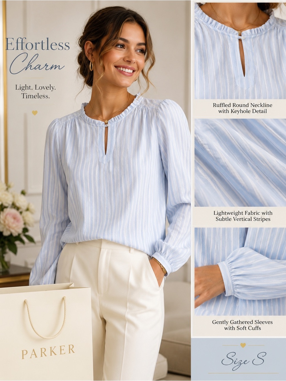 Parker Women’s Light Blue Striped Ruffled Keyhole Blouse